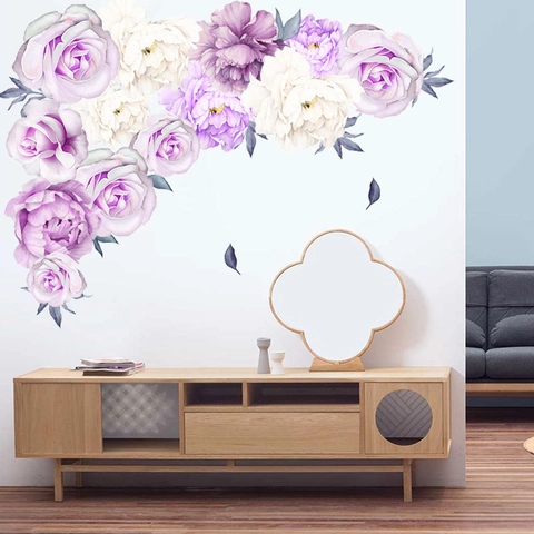 Elegant Purple White Peony Rose Wall Stickers PVC Self Adhesive Floral Wall Decals For Living Room Office Decor Art