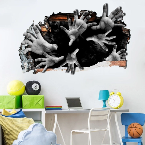3D Halloween Wandaufkleber Horror Zombiehände Zerbrochene Wand Aufkleber PVC Selbstklebend Gruseliges Gesicht Deko