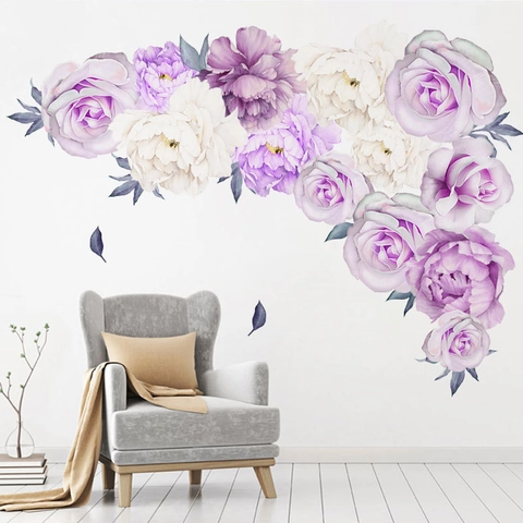 Lila Pfingstrose Rose Wandaufkleber Aquarell Blume Wandtattoos Für Wohnzimmer Schlafzimmer PVC Selbstklebend Heimdekor Wandbild