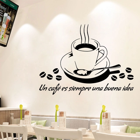 Coffee Cup Wall Sticker With Spanish Quote Un Cafe Es Siempre Una Buena Idea PVC DIY Removable Decal For Kitchen Cafe