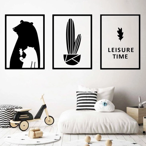 Pegatinas de Pared de Oso Cactus Hoja Estilo Nórdico Minimalista Negro Blanco PVC Autoadhesivas Para Sala de Estar Hogar