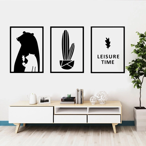 Pegatinas de Pared de Oso Cactus Hoja Estilo Nórdico Minimalista Negro Blanco PVC Autoadhesivas Para Sala de Estar Hogar