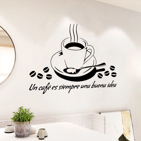 Coffee Cup Wall Sticker With Spanish Quote Un Cafe Es Siempre Una Buena Idea PVC DIY Removable Decal For Kitchen Cafe