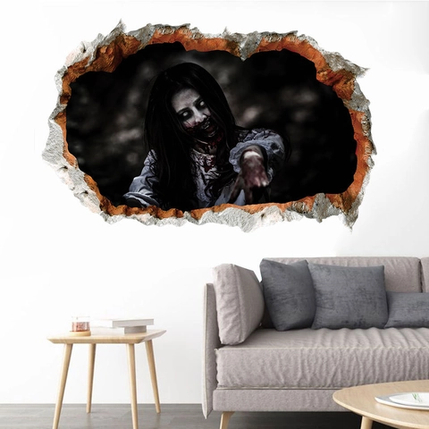 3D Horror Zombie Woman Broken Wall Sticker Scary Long Hair Female Ghost PVC Decal For Halloween Party Home Wall Decoration