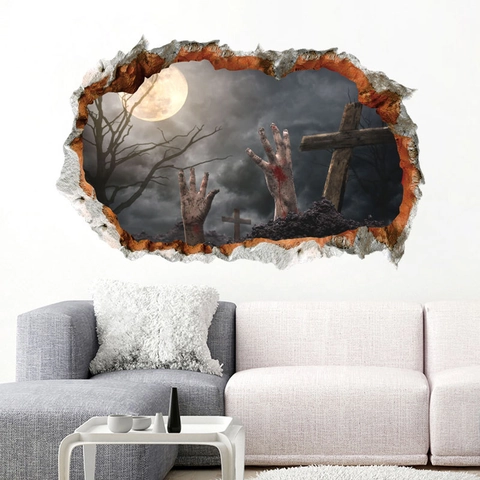 Pegatina de Pared 3D Halloween Pared Rota Mano de Zombie Tumba PVC Removible Terrorífico Luna Cruz Decoración de Fiesta Hogar