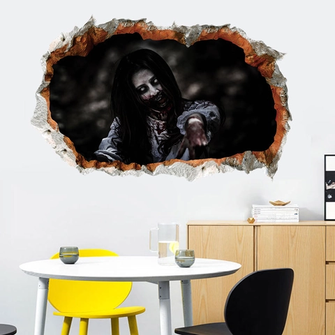3D Horror Zombie Woman Broken Wall Sticker Scary Long Hair Female Ghost PVC Decal For Halloween Party Home Wall Decoration