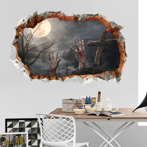 Pegatina de Pared 3D Halloween Pared Rota Mano de Zombie Tumba PVC Removible Terrorífico Luna Cruz Decoración de Fiesta Hogar