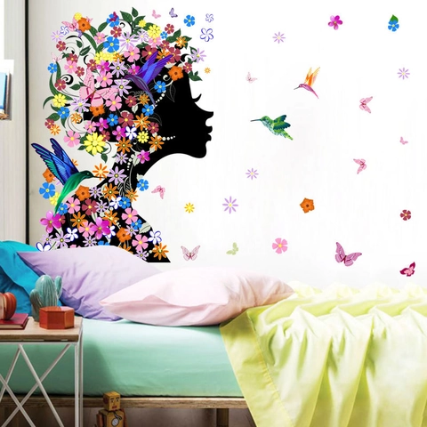 Künstlerisches Blumen Schmetterling Mädchen Silhouette Wandaufkleber PVC Buntes Florales Wandtattoo Für Schlafzimmer Wohnzimmer