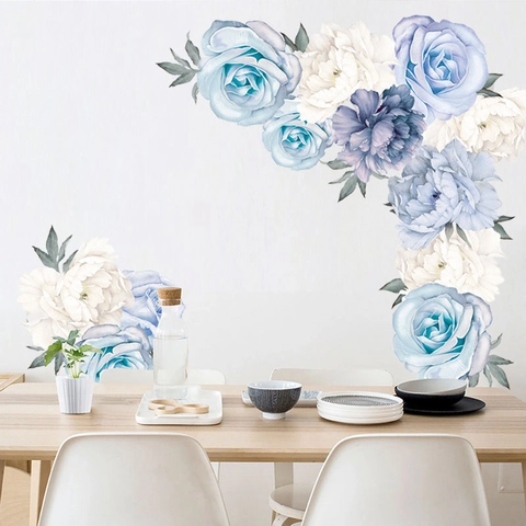 Watercolor Light Blue Peony Rose Wall Stickers PVC Self-Adhesive Floral Wall Decals For Living Room Bedroom Home Decor