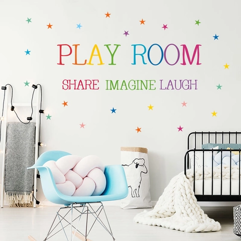 Pegatinas de Pared Coloridas Play Room Arco Iris Share Imagine Laugh Vinilos de PVC para Habitación Infantil Estrellas Decoración