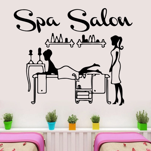 Pegatina de Pared Spa Salon Silueta Negra Chica Centro de Belleza Decoración Calcomanía de PVC Removible para Sala de Masajes Sala de Estar