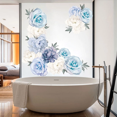 Watercolor Light Blue Peony Rose Wall Stickers PVC Self-Adhesive Floral Wall Decals For Living Room Bedroom Home Decor