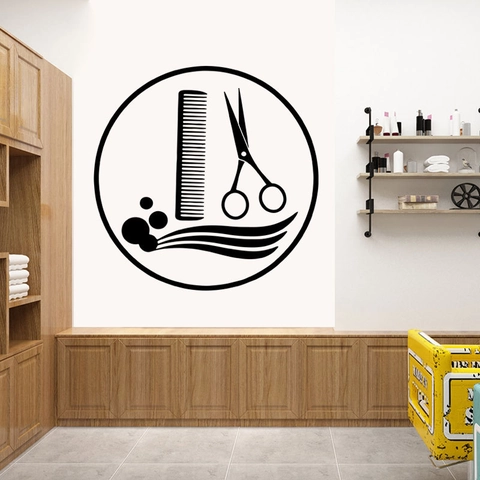 Hair Salon Wall Sticker Scissors Comb Design Barber Shop Decoration PVC Self-Adhesive Removable Vinyl Wall Decal Salon Sign
