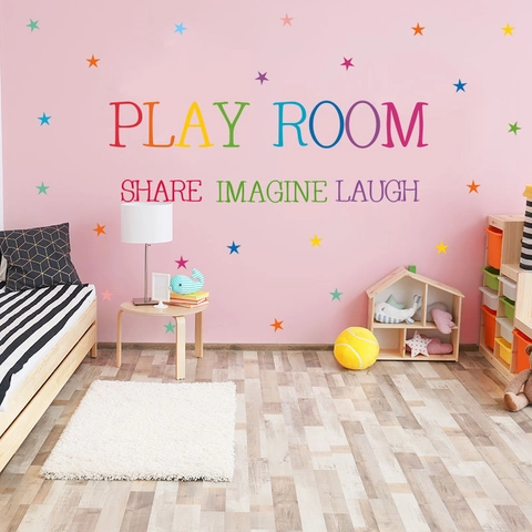 Pegatinas de Pared Coloridas Play Room Arco Iris Share Imagine Laugh Vinilos de PVC para Habitación Infantil Estrellas Decoración