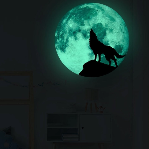 Sticker Mural Lune Loup Lumineux Brille Dans le Noir Décalcomanie Halloween Déco PVC Auto-adhésif Décoration Maison Mystérieuse