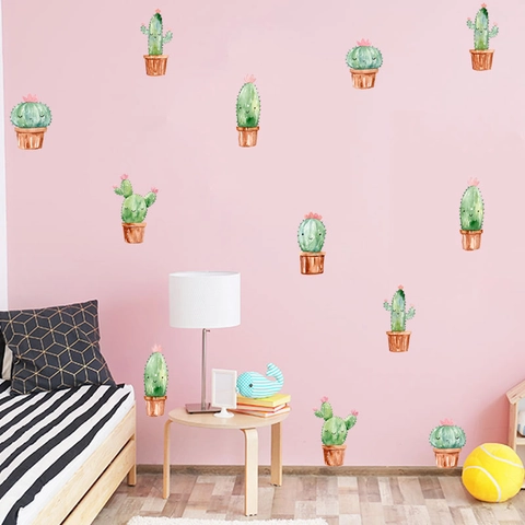 PVC Cartoon Cactus Vetplant Potplanten Muurstickers Aquarel Plant Zelfklevende Muurstickers Voor Kinderkamer Huisdecoratie
