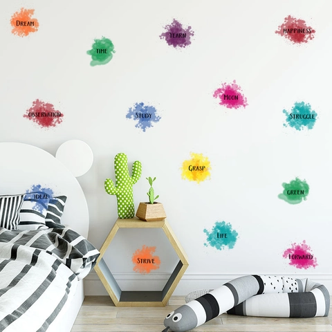Inspirational English Words Colorful Watercolor Splash Removable PVC Wall Stickers For Kids Room Classroom School Art Wall Decor