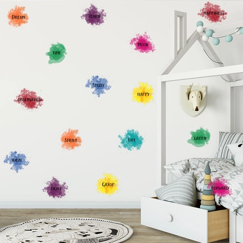 Inspirational English Words Colorful Watercolor Splash Removable PVC Wall Stickers For Kids Room Classroom School Art Wall Decor