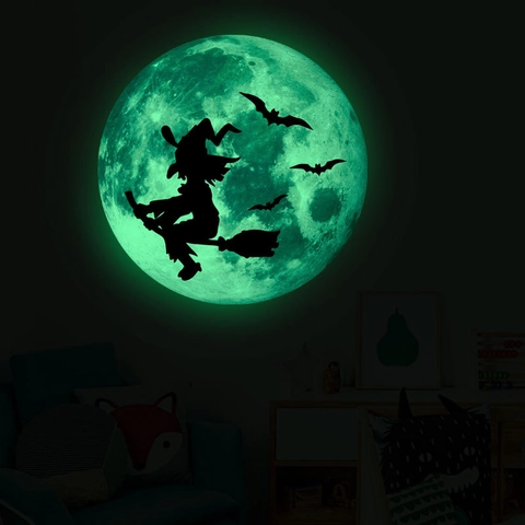Adesivo da Parete Halloween Luminoso Luna Con Strega E Pipistrelli Decalcomania in PVC Fluorescente per Camera Da Letto Soggiorno