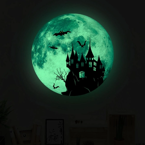 Halloween Lumineux Sticker Mural Gothique Château Chauve-Souris Lune PVC Luminescent Pour Salon Chambre Fête Home Decor