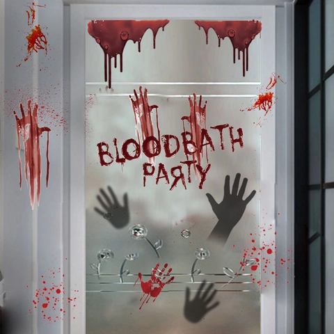 Adhesivo de Pared de Terror de Halloween Huellas de Manos de Sangre Bloodbath Party PVC Calcomanías de Ventana Casa Embrujada