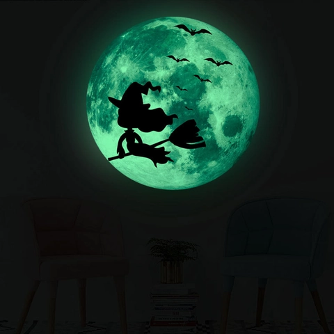 Adesivo da Parete Luna Luminosa Halloween Silhouette Strega Su Scopa Pipistrello Adesivo PVC Fluorescente per Casa Festa