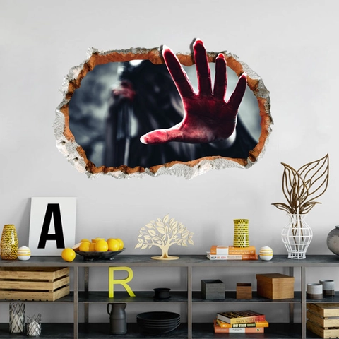 Pegatina de Pared 3D Halloween Pared Rota Mano de Sangre Removible Horror Fantasma PVC Póster para Casa Encantada Fiesta Decor