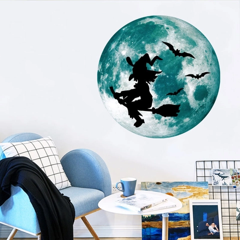 Adesivo da Parete Halloween Luminoso Luna Con Strega E Pipistrelli Decalcomania in PVC Fluorescente per Camera Da Letto Soggiorno