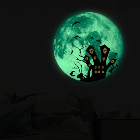 Halloween Leuchtender Mond Wandtattoo PVC Glow In The Dark Aufkleber Mit Fledermaus Schloss Muster Für Schlafzimmer Deko