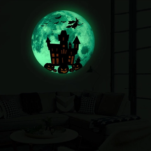 Halloween Leuchtend Mond Wandtattoo Nachtleuchtend Schloss Hexe Fledermaus Kürbis Deko Für Halloween Party Wohnzimmer Dekoration