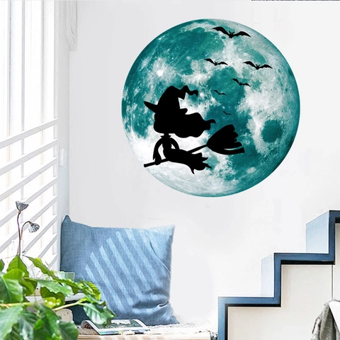 Adesivo da Parete Luna Luminosa Halloween Silhouette Strega Su Scopa Pipistrello Adesivo PVC Fluorescente per Casa Festa