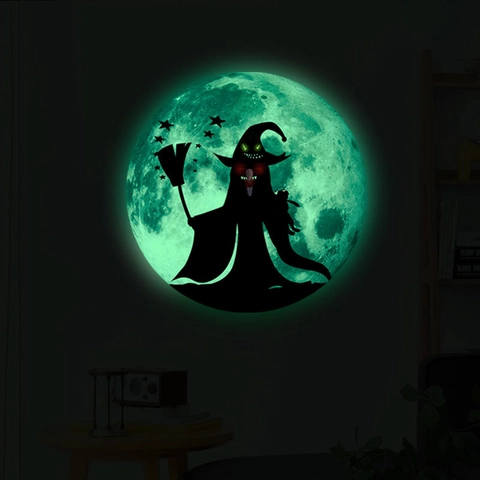 Adesivo da Parete Luminoso Halloween Strega Luna Glow In The Dark Decalcomania in PVC Per Decorazione Festiva Casa Soggiorno Camera da Letto