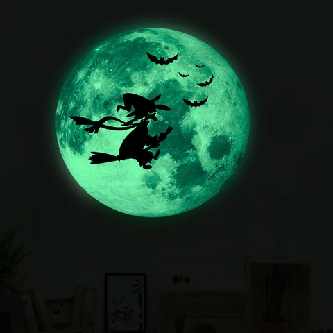 Leuchtende Halloween Wandaufkleber Im Dunkeln Leuchten Mond Hexe Fledermaus Silhouette Aufkleber Für Party Schlafzimmer Haus Wanddeko