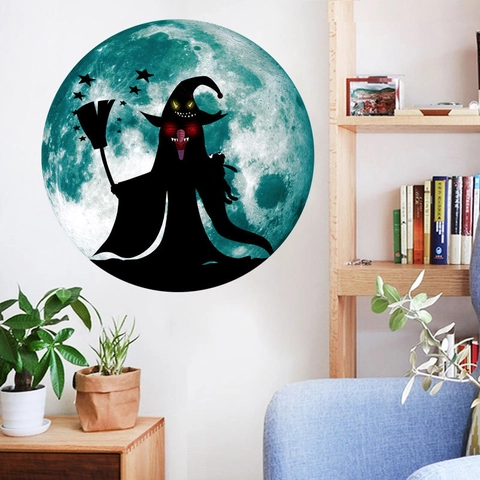 Adesivo da Parete Luminoso Halloween Strega Luna Glow In The Dark Decalcomania in PVC Per Decorazione Festiva Casa Soggiorno Camera da Letto