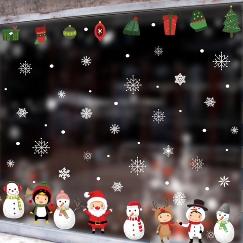 Weihnachten Statische Fensteraufkleber PVC Schneeflocke Weihnachtsmann Schneemann Reindeer Pinguin Fensterbilder Für Glas Dekor