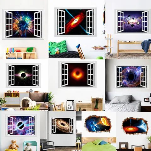 3D Space Black Hole Wall Sticker Cosmic Faux Window Space Landscape PVC Removable Wall Mural Home Living Room Bedroom Decoration