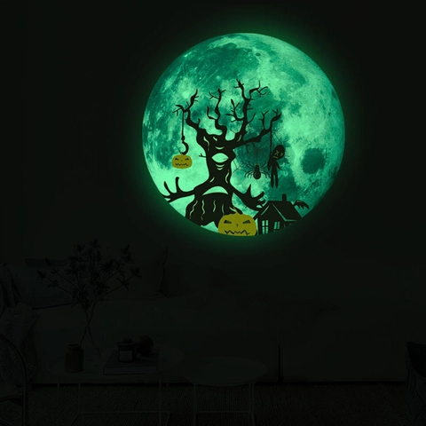 Halloween Leuchtender Mond Wandaufkleber Gruseliger Kürbis Toter Baum Muster Leuchten Im Dunkeln PVC Wandtattoo Für Zuhause Deko