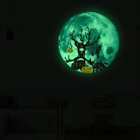 Halloween Adesivo Da Parete Luna Fluorescente Al Buio Albero Appassito Spaventoso Zucca Silhouette PVC Luminoso Decorazione Per Festa Casa
