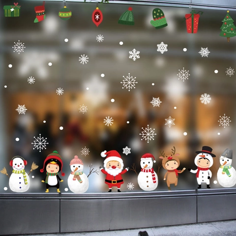 Weihnachten Statische Fensteraufkleber PVC Schneeflocke Weihnachtsmann Schneemann Reindeer Pinguin Fensterbilder Für Glas Dekor