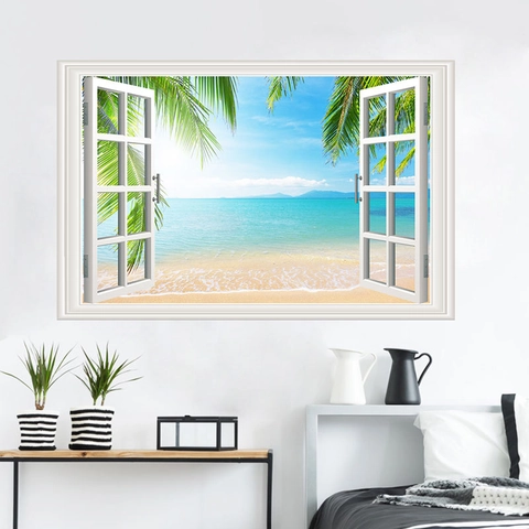 3D Faux Window Wall Sticker Beach View Tropical Palm Trees Ocean Seascape Removable PVC Decal For Living Room Home Decor