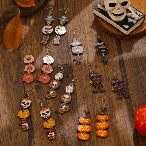 Halloween Houten Hangende Oorbellen Voor Vrouwen Pompoen Schedel Spook Heksenhoed Bedrukt Feest Sieraden Mode Oorbellen