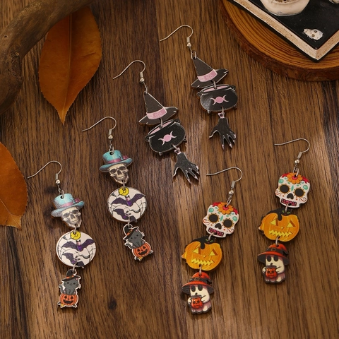 Halloween Houten Hangende Oorbellen Voor Vrouwen Pompoen Schedel Spook Heksenhoed Bedrukt Feest Sieraden Mode Oorbellen