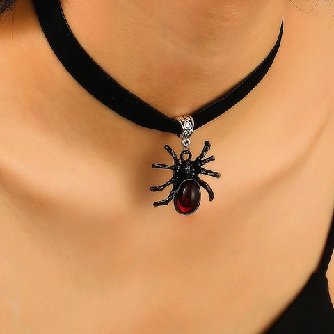Gothic Punk Choker Necklace For Women Alloy Cross Skull Spider Dagger Pendant Black Lace Velvet Adjustable Halloween Jewelry