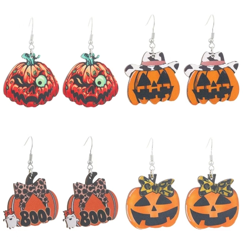Halloween Holz Kürbis Ohrhänger Cartoon Geistergesicht Leopard Schleife Ohrringe Für Damen Party Festival Schmuck Zubehör