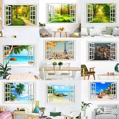 Pegatina de Pared 3D Ventana Falsa PVC Paisaje Natural Bosque Cascada Playa Torre Eiffel Paisaje Urbano Calcomanía Autoadhesiva