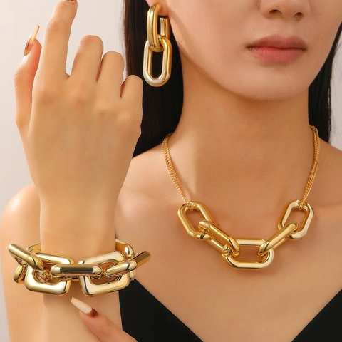 Modern Chunky Chain Choker Necklace Set For Women Gold Silver Electroplated Resin Alloy Link Geometric Neck Chain Jewelry