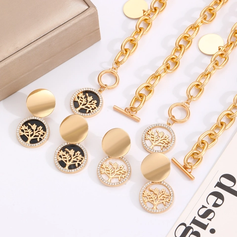 Collana Con Pendente Albero Della Vita In Lega Oro Vintage Set Orecchini Catena Grossa Chiusura A Gancio Gioielli Donna