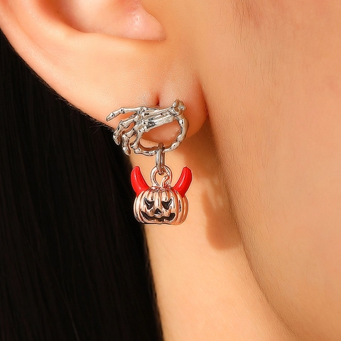 Halloween Skeleton Hand Pumpkin Stud Earrings Gothic Devil Horn Pumpkin Head Alloy Earrings Holiday Party Jewelry For Women