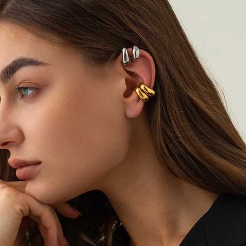 Orecchini Ear Cuff Acciaio Inossidabile Placcato Oro 18K Senza Buco Forma C Irregolare Lucidato Minimalista Donna