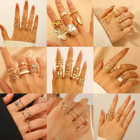 Ins Stil Gold Silber Plattiert Kupfer Legierung Stapelbar Ring Set Für Damen Geometrisch Herz Schmetterling Blatt Fingerring Schmuck
